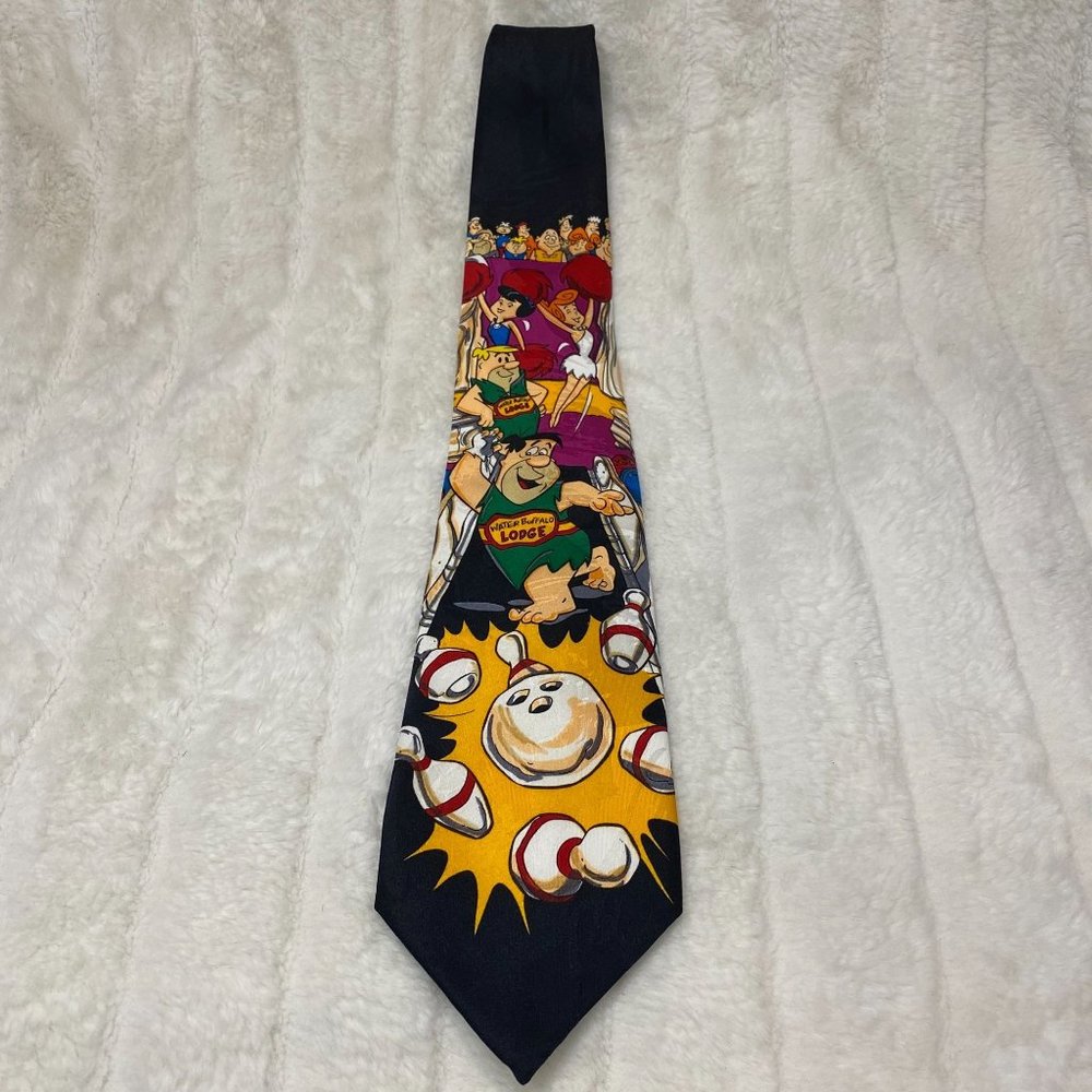 Vintage 1993 Hannah Barbara The Flintstones Bedrock Bowl-O-Rama Black Dress Tie